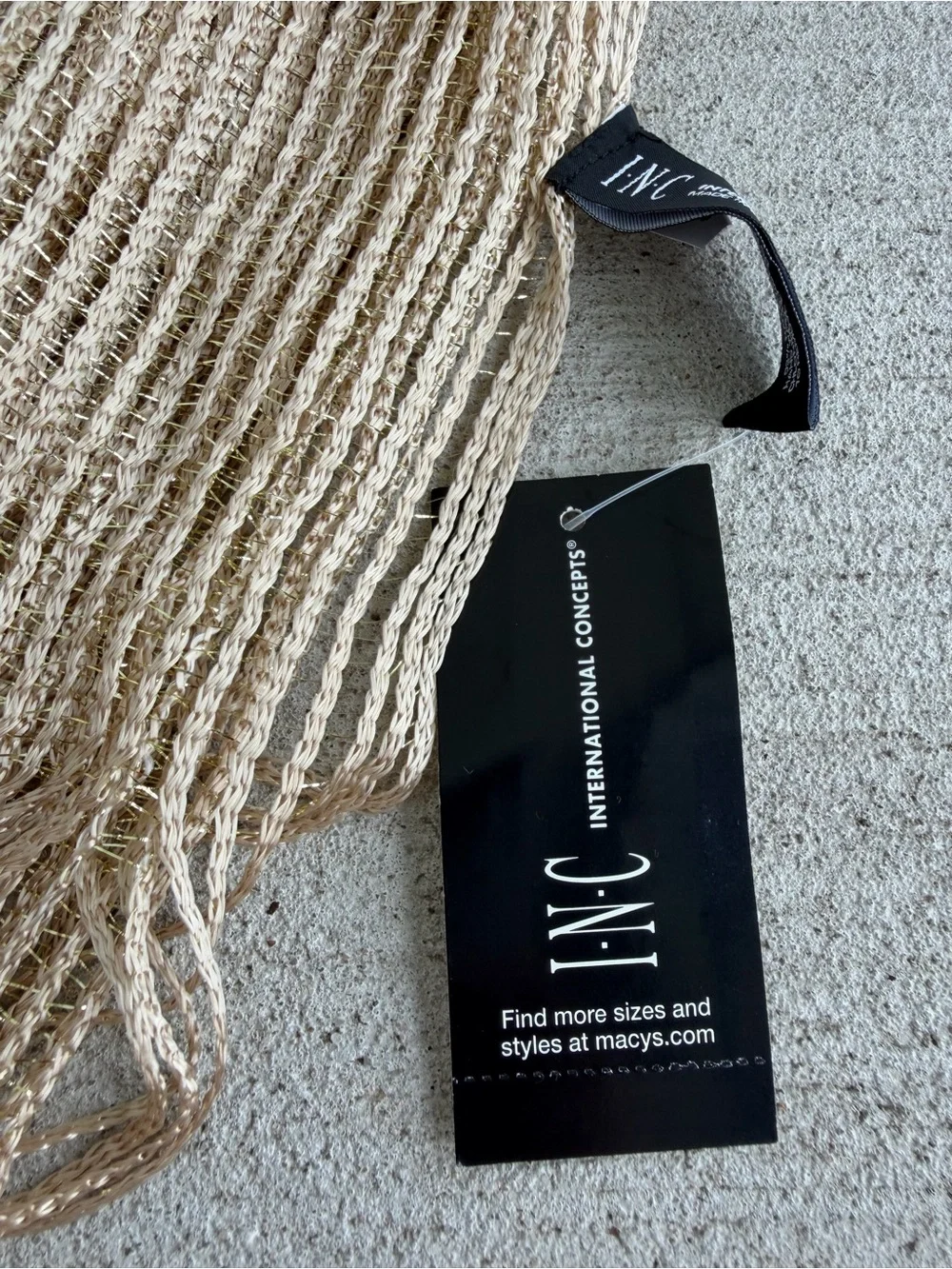 INC International Concepts Metallic Knit Fringe Scarf Sand Gold Shimmer NWT